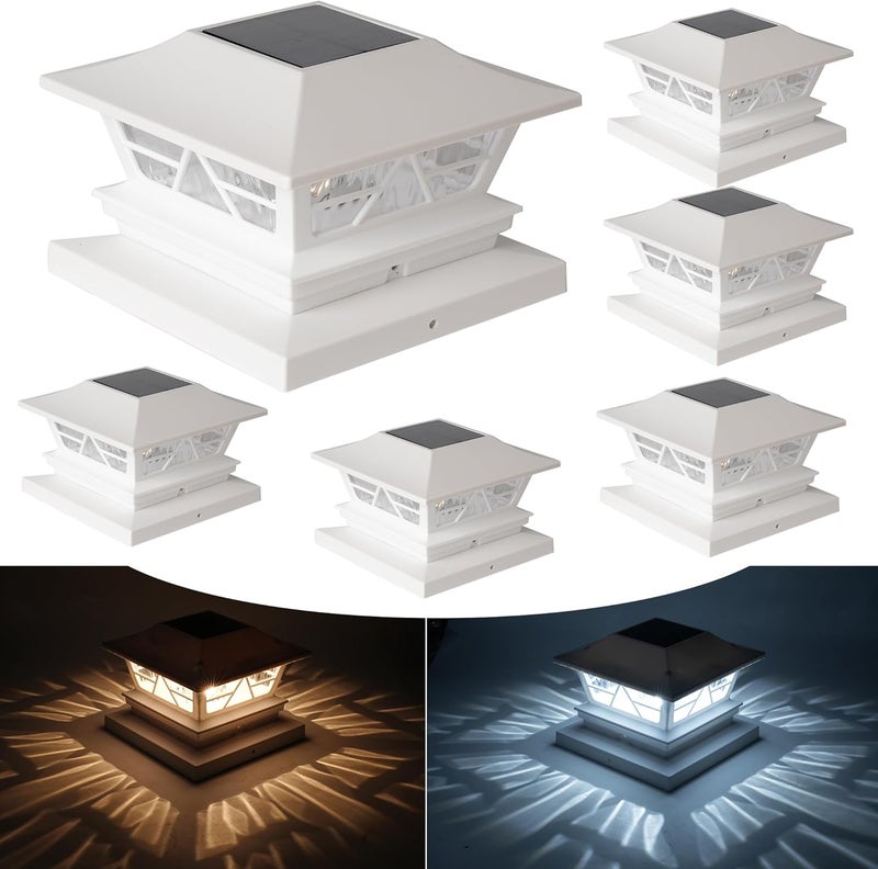 TW SHINE 6 Pack 4x4 Solar Post Cap Lights, 2 Modes White Solar Fence Lights Waterproof Warm White/Cool White for Yard, Garden, Porch Decor, for 5x5 6x6 Wood Posts - Image 1